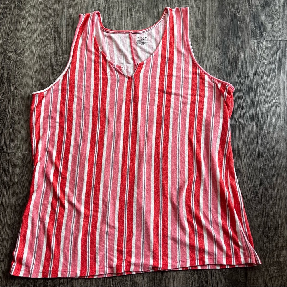 Lane Bryant Red & White Striped V-Neck Tank